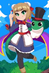 Rule 34 | 1girl, blonde hair, blue dress, blush, bow, braid, cape, cloud, double bun, dress, eel, grass, green eyes, hair bow, hair bun, hair ornament, hat, holding, looking at viewer, minimilieu, original, outdoors, pixel art, pointing, pointing up, purple cape, smile, solo, standing, standing on one leg, thighhighs, top hat, twin braids