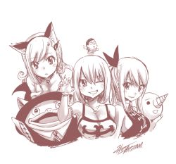Rule 34 | 3girls, animal ears, bare shoulders, breasts, cat ears, character request, cleavage, eden&#039;s zero, elie, fairy tail, fake animal ears, hair between eyes, hair ornament, hair ribbon, hairclip, jewelry, large breasts, long hair, looking at viewer, lucy heartfilia, mashima hiro, monochrome, multiple girls, necklace, official art, one eye closed, plue, ponytail, rave, rebecca bluegarden, ribbon, shirt, simple background, sketch, smile, tagme, upper body, white background