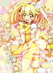 Rule 34 | 10s, 1girl, :o, ass, bike shorts, bike shorts under skirt, blonde hair, blush, boots, bow, bowtie, chigo, choker, cure peace, double v, dress, hair flaps, hair ornament, hairpin, kise yayoi, long hair, magical girl, open mouth, precure, shorts, shorts under skirt, skirt, smile precure!, solo, star (symbol), starry background, tears, v, wide ponytail, yellow bow, yellow bowtie, yellow dress, yellow eyes, yellow shorts, yellow skirt, yellow theme