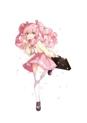 Rule 34 | 1girl, alternate costume, alternate hair color, amber (final gear), artist request, black bag, briefcase, brown footwear, final gear, floral print thighhighs, flower, flower skirt, full body, hair ornament, hair ribbon, heart, heart hair ornament, highres, holding, holding briefcase, horizontal-striped thighhighs, jacket, leg up, loafers, long sleeves, looking at viewer, loose hair strand, neck ribbon, official alternate costume, official alternate hair color, official art, open mouth, pink petals, pink ribbon, pink sailor collar, pink skirt, pleated skirt, ribbon, ribbon-trimmed skirt, ribbon trim, sailor collar, school briefcase, shirt, shoes, sidelocks, simple background, skirt, solo, sparkle, star (symbol), star hair ornament, striped collar, sweater jacket, tachi-e, thighhighs, third-party source, tongue, transparent background, twintails, wavy hair, white flower, white shirt, white thighhighs, yellow eyes, yellow jacket, yellow sleeves