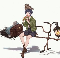 Rule 34 | 1girl, animal, animal on head, backpack, bag, bird, bird on head, black eyes, black hair, black skirt, blue hair, blush, boots, broom, broom riding, brown footwear, collared shirt, commentary request, dark blue hair, eating, food, green jacket, highres, holding, jacket, lantern, long sleeves, mouth hold, necktie, on head, original, owl, papers, pleated skirt, red necktie, sandwich, shadow, shirt, shoes, short hair, simple background, skirt, sleeping bag, swept bangs, unworn backpack, unworn bag, white background, white shirt, wing collar, zasso (z87 w)