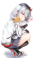 Rule 34 | 1girl, beret, black hat, black socks, blue eyes, blush, breasts, epaulettes, frilled sleeves, frills, from side, gloves, grey shirt, hat, heart, highres, jacket, kantai collection, kashima (kancolle), kneehighs, large breasts, long hair, long sleeves, looking at viewer, looking back, military, military jacket, military uniform, neckerchief, open mouth, pleated skirt, red neckerchief, rudder footwear, shirt, sidelocks, silver hair, simple background, skirt, smile, socks, solo, squatting, tororo ten, tsurime, twintails, uniform, wavy hair, white background, white gloves, white jacket