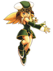 Rule 34 | 1girl, bare legs, blonde hair, boots, detached sleeves, dress, floating, freya (valkyrie profile), full body, green eyes, green footwear, hat, solo, star ocean, star ocean till the end of time, valkyrie profile (series), white background