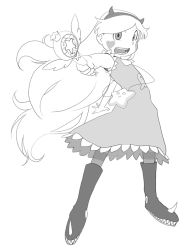 Rule 34 | 1girl, dress, full body, hair ornament, heart, holding, long hair, looking at viewer, monochrome, open mouth, simple background, solo, star (symbol), star butterfly, star vs the forces of evil, teruki kuma, tongue, wand, white background