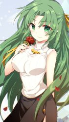 Rule 34 | 1girl, arm behind back, black skirt, blush, breasts, closed mouth, commentary request, cowboy shot, eyelashes, eyes visible through hair, falling petals, floating hair, flower, green eyes, green hair, hair ribbon, half updo, hand up, highres, higurashi no naku koro ni, holding, holding flower, impossible clothes, large breasts, light blue background, long hair, looking at viewer, parted bangs, petals, red flower, red rose, ribbed sweater, ribbon, rose, rose petals, sidelocks, simple background, skirt, sleeveless, sleeveless turtleneck, smile, solo, sonozaki shion, standing, suzuragi karin, sweater, turtleneck, turtleneck sweater, very long hair, yellow ribbon