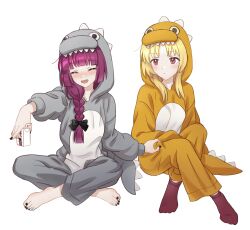 Rule 34 | 2girls, alcohol, alternate costume, animal costume, animal hood, barefoot, bestramos, black bow, black nails, blonde hair, blunt bangs, blush, bocchi the rock!, bow, braid, closed eyes, commentary, crossed legs, drunk, full body, hair bow, hair over shoulder, highres, hiroi kikuri, holding carton, hood, ijichi seika, indian style, long hair, multiple girls, nail polish, no shoes, open mouth, outstretched arm, purple hair, red eyes, red socks, sharp teeth, simple background, single braid, sitting, smile, socks, symbol-only commentary, teeth, toenail polish, toenails, white background