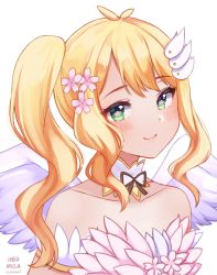 Rule 34 | 1girl, angel wings, bare shoulders, blonde hair, blush, closed mouth, commentary, english commentary, feathered wings, flower-shaped pupils, green eyes, hair ornament, hanami arisa, head tilt, highres, indie virtual youtuber, long hair, looking at viewer, neck ribbon, one side up, ribbon, signature, simple background, smile, solo, symbol-shaped pupils, temachii, upper body, virtual youtuber, white background, white wings, wings