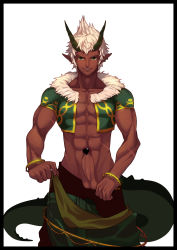 Rule 34 | 00s, 1boy, abs, bracelet, censored, clothes pull, dark skin, dungeon and fighter, erection, etrenok (dungeon and fighter), green eyes, heart, highres, horns, jewelry, lvlv, male focus, muscular, novelty censor, open clothes, open shirt, pants, pants pull, pectorals, penis, pointy ears, precum, scar, shirt, simple background, solo, tail, white background, white hair