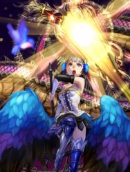 Rule 34 | 1girl, armor, armored boots, armored dress, blue wings, boots, breasts, crown, dragon, dress, eastern dragon, grey hair, gwendolyn (odin sphere), holding, holding polearm, holding weapon, kahadu (kawazu), looking up, low wings, odin sphere, open mouth, polearm, small breasts, solo, strapless, strapless dress, valkyrie, weapon, wings