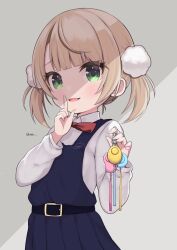 Rule 34 | 1girl, belt, blonde hair, blue dress, crime prevention buzzer, dress, finger to mouth, green eyes, hair ornament, highres, indie virtual youtuber, long sleeves, looking at viewer, open mouth, pom pom (clothes), pom pom hair ornament, school uniform, shigure ui (vtuber), shigure ui (vtuber) (young), shirt, short hair, shushing, siragagaga, smile, solo, twintails, twitter suki, virtual youtuber, white shirt, white sleeves