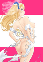 Rule 34 | 1girl, absurdres, ass, blonde hair, blue eyes, braid, breasts, butt crack, c.rabbit, commentary, cowboy shot, french braid, g36 (girls&#039; frontline), girls&#039; frontline, hair between eyes, hands on own hips, highres, medium breasts, nipples, pink background, side braid, sidelocks, solo, torn clothes, veil, white background