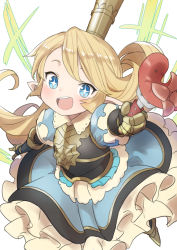 Rule 34 | 1girl, :d, armor, blonde hair, blue eyes, breastplate, charlotta (granblue fantasy), commentary, crown, dress, excited, eyebrows hidden by hair, food, food art, foreshortening, fork, frilled dress, frills, from above, full body, gauntlets, gazacy (dai), granblue fantasy, granblue fantasy versus, highres, holding, holding fork, hot dog, incoming food, long hair, looking at viewer, open mouth, petite, puffy short sleeves, puffy sleeves, raised eyebrows, short sleeves, smile, solo, star-shaped pupils, star (symbol), symbol-shaped pupils, tako-san wiener, white background