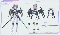 Rule 34 | 1girl, absurdres, bodysuit, breasts, character sheet, commentary, dated commentary, dual wielding, english commentary, english text, full body, grey hair, headgear, highres, holding, holding weapon, kalle21, mechanical wings, medium breasts, multiple views, original, red eyes, short hair, standing, sword, weapon, white background, white bodysuit, wings