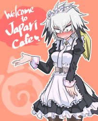 Rule 34 | 10s, @ @, alternate costume, apron, bad id, bad pixiv id, bird, blush, breasts, dress, embarrassed, english text, enmaided, head wings, heart, highres, japari symbol, kemono friends, long sleeves, looking down, maid, maid apron, maid headdress, medium breasts, nervous, nuka cola06, open mouth, pantyhose, puffy long sleeves, puffy sleeves, red background, shoebill (kemono friends), shy, silver hair, simple background, speech bubble, standing, sweatdrop, text focus, waitress, wings