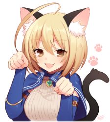 Rule 34 | 1girl, :3, :d, ahoge, animal ears, arm belt, blonde hair, blue capelet, brown eyes, byulzzi, capelet, cat ears, cat girl, cat tail, detached sleeves, fang, gem, hair between eyes, jewelry, long sleeves, looking at viewer, necklace, open mouth, paw pose, paw print, ribbed sweater, short hair, simple background, smile, solo, sweater, sweater vest, tail, white background, white sweater