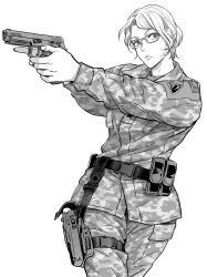 Rule 34 | 1girl, ace combat, ace combat 7: skies unknown, ammunition pouch, camouflage, camouflage pants, camouflage shirt, commentary, deanna mconie, earrings, glasses, greyscale, gun, handgun, highres, jewelry, leg holster, looking at viewer, military, military uniform, monochrome, namco, pants, patch, pistol, pouch, shirt, short hair, takato15 c, uniform, weapon