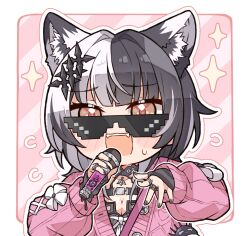 1girl animal_ear_fluff animal_ears black_hair breasts cardigan cleavage fangs grey_hair hair_ornament highres holding holding_microphone hololive hololive_english jewelry kukie-nyan long_hair microphone multicolored_hair music open_mouth pink_cardigan ribbon ring shiori_novella singing solo split-color_hair sunglasses sweatdrop two-tone_hair virtual_youtuber white_ribbon wolf_ears yellow_eyes yorick_(shiori_novella)