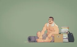 Rule 34 | 1boy, abs, bara, beard stubble, book, book stack, dahei (youtian), facial hair, feet, full body, glasses, green background, ji peng gou you, large pectorals, looking ahead, male focus, mature male, muscular, muscular male, mustache, navel, navel hair, nipples, pectorals, short hair, sideburns, sitting, soles, solo, stomach, stubble, thick eyebrows, thick mustache, topless male, towel, towel around neck, youtian (youtiange)