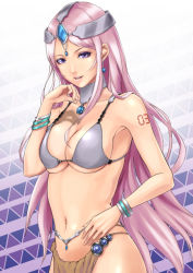 Rule 34 | 1girl, bangle, belly chain, belly dancer, bracelet, breasts, chunsoft, circlet, cleavage, cosplay, dancer, din (raiden), din raiden, dragon quest, dragon quest iv, earrings, enix, fingernails, headdress, jewelry, large breasts, loincloth, long fingernails, long hair, looking at viewer, lots of jewelry, manya (dq4), manya (cosplay), megurine luka, navel, parted lips, pelvic curtain, pink hair, purple eyes, skindentation, smile, solo, swimsuit, tattoo, very long hair, vocaloid