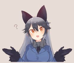 Rule 34 | 10s, 1girl, :d, ?, animal ears, beige background, black bow, black bowtie, black gloves, black necktie, blazer, blue jacket, blush, bow, bowtie, buttons, eyelashes, fox ears, fur-trimmed sleeves, fur trim, gloves, gradient hair, grey hair, grey shirt, hands up, jacket, kemono friends, long hair, long sleeves, looking at viewer, multicolored hair, necktie, open hands, open mouth, orange eyes, shirt, shrugging, silver fox (kemono friends), simple background, smile, solo, tsurime, two-tone hair, upper body, yarerubabaa