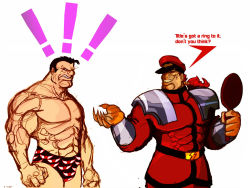 Rule 34 | 2boys, akuma (street fighter), angry, briefs, capcom, cosplay, costume switch, grin, hat, m. bison, male underwear, mirror, multiple boys, simple background, smile, street fighter, street fighter ii (series), underwear, white background