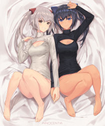 Rule 34 | 2girls, alternate costume, barefoot, black hair, black sweater, blue eyes, blush, bottomless, breasts, brown eyes, center opening, character name, cleavage cutout, closed mouth, clothing cutout, covered erect nipples, covered navel, dark-skinned female, dark skin, ears visible through hair, feet, frame arms girl, full body, grey hair, grin, hair between eyes, hair ornament, highres, innocentia, long hair, looking at viewer, lying, medium breasts, meme attire, multiple girls, on back, open-chest sweater, shiny skin, sigm@, smile, sweater, twintails, white sweater