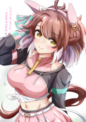 1girl absurdres ahoge animal_ears breasts brown_eyes brown_hair collarbone dantsu_flame_(umamusume) hair_ornament highres horse_ears horse_girl horse_tail large_breasts looking_at_viewer midriff navel occhahoi simple_background smile solo sugi_(user_nash8444) tail translation_request umamusume white_background