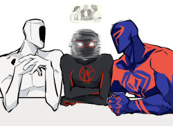 Rule 34 | 3boys, afterimage, arm on table, blue mask, boy sandwich, clenched hand, elbows on table, facing another, gugusam0, hole in head, interlocked fingers, looking around, male focus, marvel, meme, miguel o&#039;hara, miles morales, motion blur, multiple boys, own hands together, parody, reference inset, sandwiched, simple background, spider-man: across the spider-verse, spider-man (2099), spider-man (miles morales), spider-man (series), spider-verse, spider web print, spinning head, spot (marvel), staring, the weaker sex 1 (gibson), turning head, two-tone bodysuit, upper body