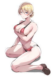 Rule 34 | 1girl, arm at side, arm under breasts, arm up, ayakumo, bikini, black bikini, blonde hair, blue eyes, blush, braid, breast lift, breasts, brown footwear, closed mouth, collarbone, darjeeling (girls und panzer), full body, girls und panzer, hair between eyes, legs, looking at viewer, medium breasts, multicolored bikini, multicolored clothes, navel, outline, pink lips, red bikini, shiny clothes, short hair, sidelighting, simple background, sitting, solo, stomach, swimsuit, thighs, wariza, white background