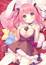 Rule 34 | 1girl, :o, animal ears, between breasts, blush, bow, breasts, brown eyes, brown ribbon, brown skirt, candy, chocolate, chocolate heart, cleavage, collarbone, criss-cross halter, english text, food, frilled pillow, frills, hair between eyes, hair ribbon, halterneck, head tilt, heart, large breasts, long sleeves, looking at viewer, lying, on back, original, parted lips, pillow, pink hair, rabbit ears, red bow, ribbon, sakura (usashiro mani), shirt, sidelocks, skirt, sleeves past wrists, solo, sparkle, stuffed animal, stuffed cat, stuffed toy, thighhighs, twintails, usashiro mani, white thighhighs, yellow shirt