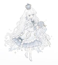 Rule 34 | 1girl, blue bow, blue bowtie, blue dress, blue eyes, boots, bouquet, bow, bowtie, braid, closed mouth, crown, dress, flower, frilled dress, frills, full body, hair bow, highres, holding, holding bouquet, koirariko, looking at viewer, original, princess, ribbon, sidelocks, simple background, solo, white background, white footwear, white ribbon