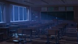 Rule 34 | 3d, absurdres, blender (medium), blue theme, chairs, chalkboard, classroom, curtains, desk, drawing, endthesame, folder, globe, highres, japanese text, moonlight, night, no humans, original, poster (object), posters, roomscape, school desk, shadow, window, wooden floor