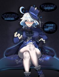 Rule 34 | absurdres, ahoge, ankle boots, ass, black gloves, blue bow, blue eyes, blue jacket, blue lips, blush, boots, bow, breasts, bulge, buttons, clothed sex, commentary, crossed legs, cum, english commentary, english text, furina (genshin impact), genshin impact, gloves, hat, heterochromia, highres, hilichurl (genshin impact), implied sex, jacket, large breasts, lipstick, makeup, multicolored hair, simple background, sitting, smile, sound effects, stomach bulge, streaked hair, thecoomerartist, thighs, wavy hair, white hair