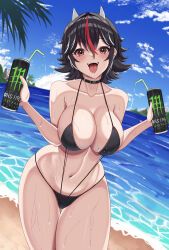 Rule 34 | 1girl, absurdres, alternate costume, beach, bikini, black bikini, black choker, black hair, blue sky, blush, brand name imitation, breasts, can, choker, cleavage, cloud, commentary, cowboy shot, day, drinking straw, dual wielding, fisheye, hair between eyes, highres, holding, holding can, horizon, horns, hossy, kijin seija, large breasts, long bangs, looking at viewer, monster energy, multicolored hair, navel, ocean, open mouth, outdoors, palm tree, red hair, sand, short hair, sky, small horns, smile, solo, streaked hair, sweat, swimsuit, tongue, tongue out, touhou, tree, water, white hair, white horns