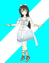 Rule 34 | 1girl, anata no risou no heroine, aqua background, aqua bow, aqua eyes, arm garter, arm ribbon, artist name, artist request, bare legs, bare shoulders, barefoot sandals (jewelry), blue bow, blue eyes, blush, bow, bracelet, breasts, brown footwear, brown hair, collarbone, cross-laced clothes, cross-laced dress, dress, dress bow, drop earrings, earrings, feet, female focus, flower, flower bracelet, frilled dress, frilled straps, frills, full body, gladiator sandals, hair between eyes, hair bow, hair ornament, hairclip, half updo, halter dress, halterneck, jewelry, long hair, looking at viewer, love live!, love live! nijigasaki high school idol club, love live! school idol festival, miniskirt, necklace, osaka shizuku, outstretched arms, parted lips, pearl bracelet, pearl hair ornament, pearl necklace, pink flower, pink rose, plaid, plaid dress, plaid skirt, pleated, pleated dress, pleated skirt, ponytail, purple flower, purple rose, ribbon, rose, sandals, short sleeves, skirt, small breasts, smile, solo, standing, star (symbol), star hair ornament, striped clothes, striped dress, striped skirt, toeless footwear, vertical-striped clothes, vertical-striped dress, vertical-striped skirt, white bow, white dress, white ribbon, white skirt, wrist ribbon