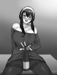Rule 34 | 1girl, bare shoulders, between legs, black hair, blush, bottle, breasts, cleavage, drunk, greyscale, hairband, heart, heart-shaped pupils, highres, large breasts, long sleeves, looking at viewer, monochrome, off-shoulder sweater, off shoulder, ribbonnoneko, sidelocks, sitting, smile, solo, spread legs, spy x family, sweater, symbol-shaped pupils, wine bottle, yor briar