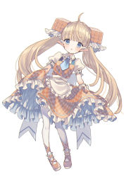 Rule 34 | 1girl, :o, ahoge, apron, blue eyes, blue neckwear, blush, brown dress, brown footwear, checkered clothes, checkered dress, collared shirt, dress, frilled apron, frilled dress, frills, full body, cube hair ornament, hair ornament, highres, kikka (kicca choco), light brown hair, long hair, original, pantyhose, parted lips, pointy ears, puffy short sleeves, puffy sleeves, shirt, shoes, short sleeves, simple background, skirt hold, solo, standing, twintails, very long hair, waist apron, white apron, white background, white pantyhose, white shirt, wrist cuffs