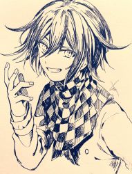 Rule 34 | 1boy, bad id, bad twitter id, buttons, checkered clothes, checkered neckwear, checkered scarf, commentary request, cropped torso, danganronpa (series), danganronpa v3: killing harmony, flipped hair, grin, hair between eyes, hand up, highres, huyuharu0214, jacket, long sleeves, looking at viewer, monochrome, oma kokichi, scarf, signature, simple background, smile, solo, traditional media, upper body