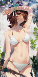 Rule 34 | 1girl, agnes tachyon (umamusume), ahoge, arm at side, arm up, armpit crease, armpits, bare shoulders, bikini, blurry, blush, bracelet, breasts, breasts apart, brown hair, collarbone, cowboy shot, depth of field, flower, hair flower, hair ornament, halterneck, highres, jewelry, looking at viewer, medium breasts, medium hair, navel, parted lips, red eyes, sarcophage, shadow, smile, solo, standing, swimsuit, umamusume, wet, white bikini