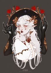 Rule 34 | 1girl, bug, butterfly, butterfly earrings, earrings, elf, expressionless, flower, hair ornament, highres, inoaart, insect, jewelry, long hair, looking at viewer, makeup, original, pale skin, pointy ears, portrait, red lips, simple background, solo, star (sky), tagme