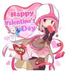 Rule 34 | 1girl, :3, bag, belt, belt buckle, black footwear, black gloves, black shorts, blunt bangs, bodystocking, boots, bow, box, brown hair, buckle, cape, character name, closed mouth, covered navel, cowboy shot, creature, floating, gecchu, gem, gloves, happy valentine, heart, heart background, heart print, highres, holding, holding box, hood, hood up, leaning forward, looking at viewer, magia record: mahou shoujo madoka magica gaiden, mahou shoujo madoka magica, pink eyes, pink hair, pink skirt, polka dot, red bow, red eyes, shorts, shorts under skirt, skin tight, skirt, small kyubey, smile, solo, standing, tamaki iroha, tareme, thigh boots, thighhighs, transparent, two-handed, valentine, white cape