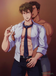Rule 34 | 2boys, abs, artist name, bara, belt, black hair, black pants, boxer briefs, brown eyes, brown hair, collared shirt, couple, dark-skinned male, dark skin, ear licking, facial hair, goatee, grabbing, grabbing from behind, grey male underwear, groping, hand on another&#039;s crotch, interracial, large pectorals, licking, looking at another, male focus, male underwear, multiple boys, muscular, muscular male, necktie, open clothes, open mouth, open shirt, original, pants, pectorals, shirt, short hair, tentakun, tongue, tongue out, underwear, yaoi