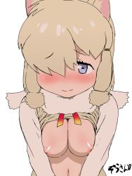 Rule 34 | 10s, 1girl, absurdres, alpaca ears, alpaca suri (kemono friends), animal ears, blonde hair, blue eyes, blush, breasts squeezed together, breasts, closed mouth, clothes lift, fur scarf, hair over one eye, highres, horizontal pupils, kemono friends, lifting own clothes, long sleeves, looking at viewer, masuyama ryou, medium breasts, medium hair, navel, nipples, no bra, no nose, nose blush, scarf, shirt lift, simple background, smile, solo, stomach, sweater, upper body, white background