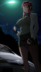 Rule 34 | 1girl, absurdres, breasts, brown hair, car, female focus, fingerless gloves, glasses, gloves, green eyes, highres, large breasts, long hair, miniskirt, motor vehicle, night, panties, screencap, skirt, solo, standing, stitched, suzue konomi, third-party edit, toyota, triage x, underwear, upskirt