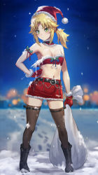 Rule 34 | 1girl, alternate costume, bare shoulders, belt, black belt, black footwear, blonde hair, blurry, blurry background, blush, boots, braid, breasts, commentary request, fate/grand order, fate (series), full body, gloves, green eyes, hair ornament, hair scrunchie, hat, highres, holding, holding sack, long hair, looking at viewer, medium breasts, mordred (fate), mordred (fate/apocrypha), navel, outdoors, ponytail, red gloves, red scrunchie, red shorts, red skirt, sack, santa hat, scrunchie, shorts, skirt, snow, solo, strapless, thighhighs, tonee, tube top