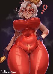 Rule 34 | 1girl, absurdres, aestheticc-meme, bodysuit, breasts, cameltoe, cleft of venus, covered erect nipples, covered navel, eyeshadow, eyewear on head, glasses, gloves, hair ornament, hair stick, highres, large breasts, latex, latex bodysuit, looking at viewer, makeup, nintendo, puffy nipples, purah, red-framed eyewear, red bodysuit, red eyes, round eyewear, sheikah, shiny clothes, skin tight, solo, the legend of zelda, the legend of zelda: tears of the kingdom, thick thighs, thighs, white hair