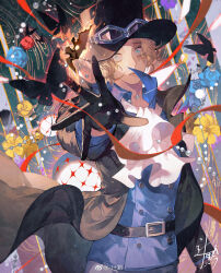 Rule 34 | 1boy, absurdres, ascot, black butterfly, black coat, black hair, blonde hair, bug, burning, butterfly, coat, feet out of frame, floral background, goggles, goggles on headwear, hat, highres, insect, long sleeves, looking at viewer, male focus, one piece, open clothes, sabo (one piece), scar, scar on face, shirt, short hair, solo, sqloveraven, top hat, wind