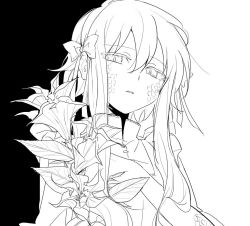 Rule 34 | 1girl, aaniko, bow, bow hairband, flower, greyscale, hair bow, hairband, holding, holding flower, kagerou project, kozakura marry, looking at viewer, monochrome, parted lips, scales, short hair with long locks, sidelocks, slit pupils, solo, upper body