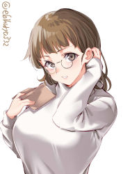 Rule 34 | 1girl, alternate costume, blunt bangs, blush, book, breasts, brown eyes, brown hair, ebifurya, eyewear strap, glasses, highres, holding, holding book, kantai collection, large breasts, lips, long sleeves, one-hour drawing challenge, pince-nez, roma (kancolle), shirt, short hair, simple background, solo, twitter username, upper body, white background, white shirt