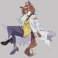 Rule 34 | 1girl, agnes tachyon (umamusume), ahoge, animal ears, boots, brown hair, coat, commentary, earrings, full body, grey background, grin, hair between eyes, high heel boots, high heels, highres, horse ears, horse girl, horse tail, jewelry, lab coat, looking at viewer, necktie, oda ya ka, open clothes, open coat, orange eyes, pantyhose, purple pantyhose, short hair, short necktie, simple background, single earring, sleeves past fingers, sleeves past wrists, smile, solo, sweater, symbol-only commentary, tail, test tube, umamusume, white footwear, yellow sweater